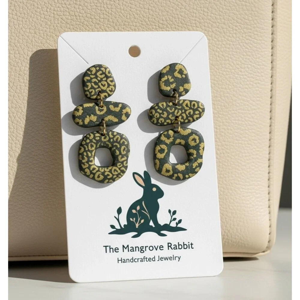 Polymer Clay Dangle Earrings Large Black & Gold Animal Print Handmade SS Posts